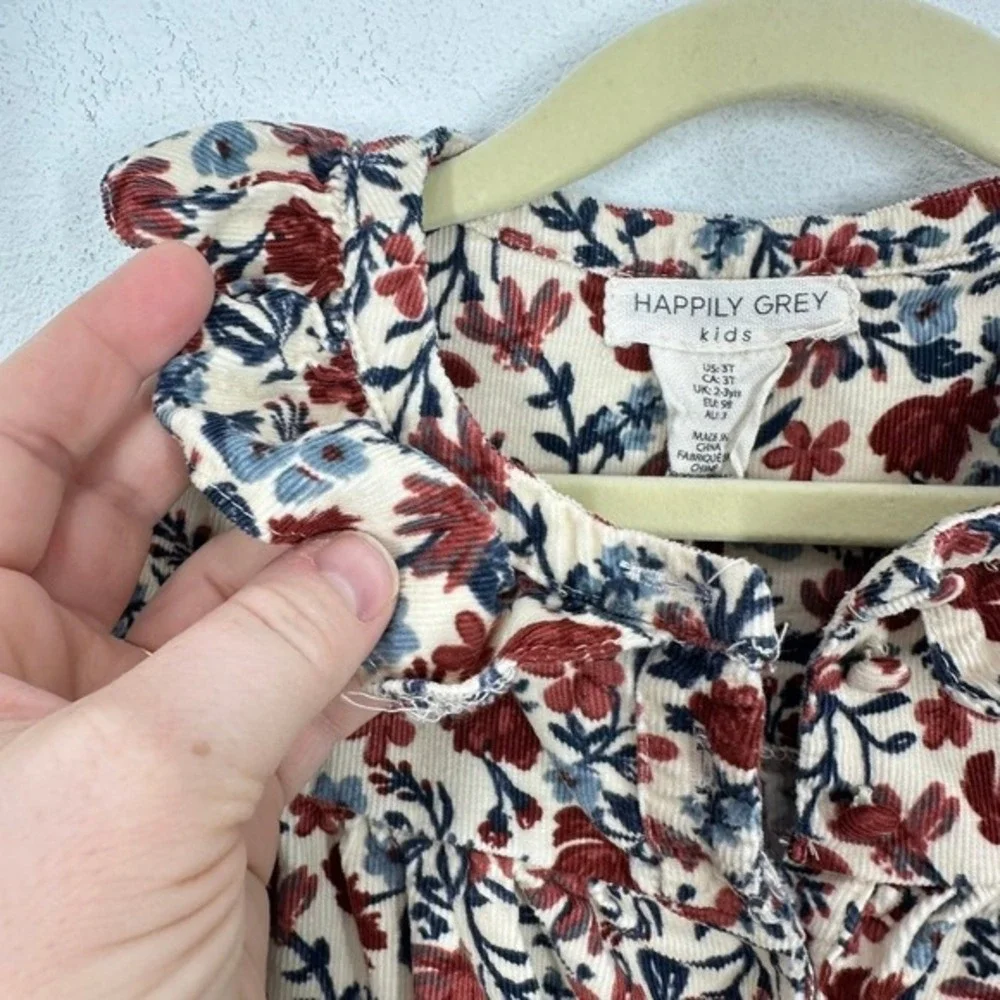 Happily Grey Girls Size 3T Dress Fall Floral Corduroy Ruffle Neck Long Sleeve